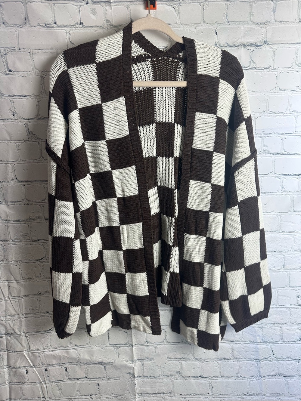 Checkerboard Open Front Cardigan - Brown & Cream